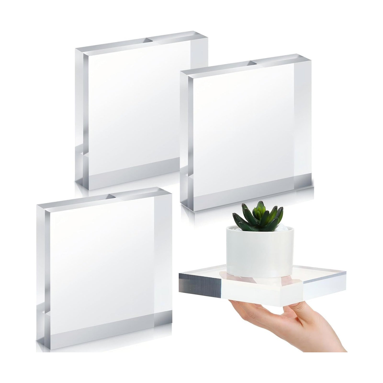 Qunclay 4 Pcs 6 x 6 x 1 Inches Acrylic Square Display Block Clear Polished Acrylic Cubes Jewelry Display Stand for