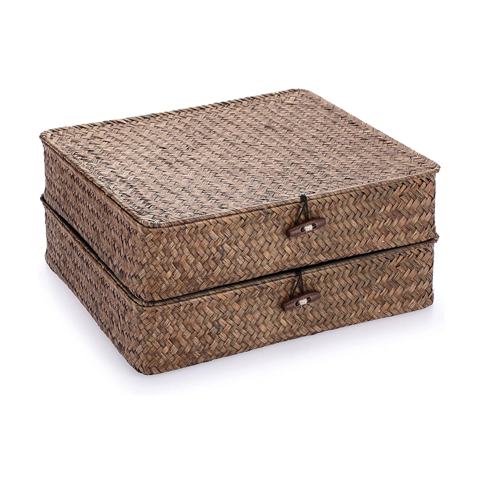 Hipiwe 2 Packs FLat Woven Wicker Basket Bin with Lid, Large Seagrass Baskes