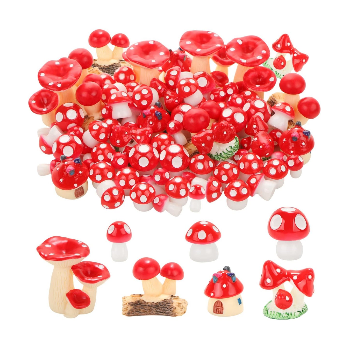Mini Mushrooms Figurines Tiny Resin Mushroom Decor for Fairy Graden Craft Fake / Red / Set of 65