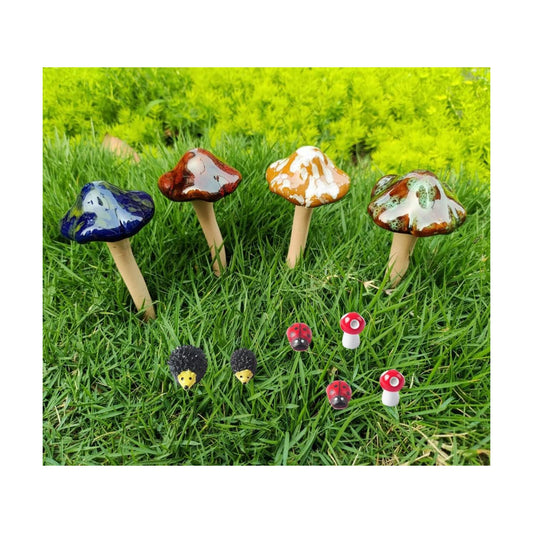 Color Ceramic Mushrooms Height and Mini Size Polyresin Hedgehog Fairy / Flat / 4.5 Inch / Set of 4