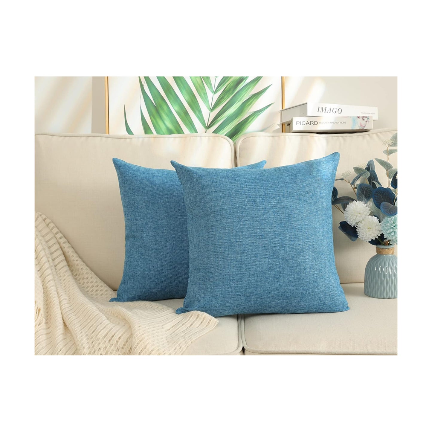 Burlap Throw Pillow Covers / 18 x 18 / Blue / Set of 2