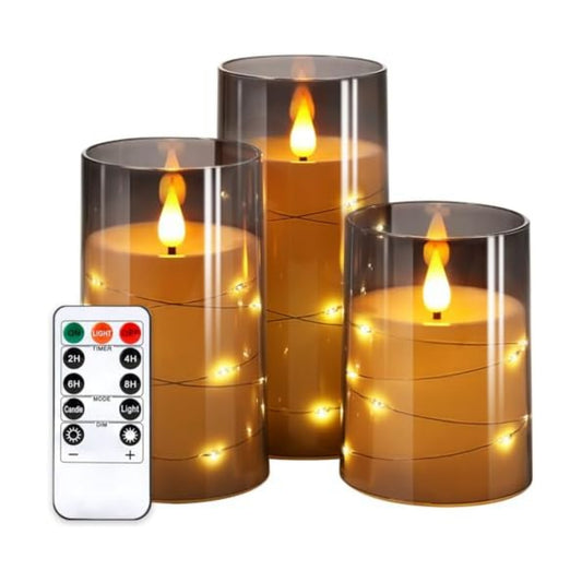 NURADA Flickering Flameless Candles: Built-in Star String Lights 3D Wick Acrylic Battery Operated LED Pillar Candles with Remote and Timer for Fall Halloween Christmas Home Decoration - 3 Pack Gray