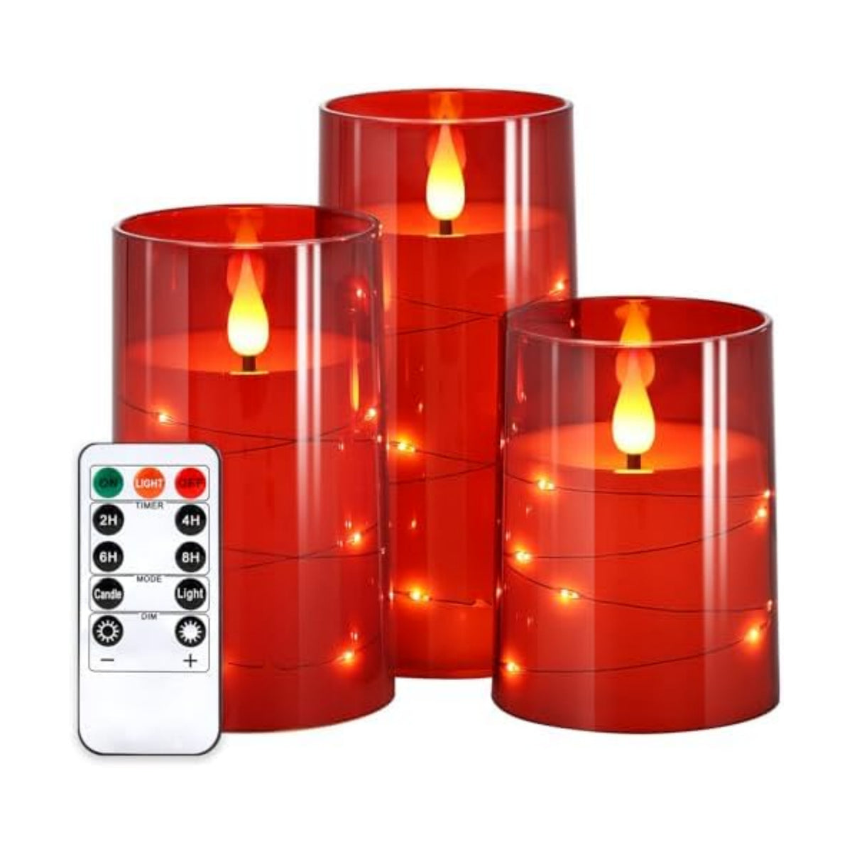 NURADA Flickering Flameless Candles: Built-in Star String Lights Battery Operated LED Pillar Candles with Remote and Timer Romantic Decorations for Wedding Party Christmas Halloween - Red 3 Pack