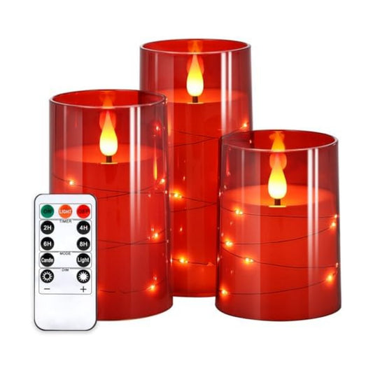 NURADA Flickering Flameless Candles: Built-in Star String Lights Battery Operated LED Pillar Candles with Remote and Timer Romantic Decorations for Wedding Party Christmas Halloween - Red 3 Pack