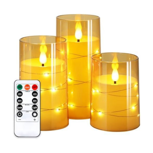 NURADA Flickering Flameless Candles: Built-in Star String Lights Acrylic Battery Operated LED Pillar Candles with Remote and Timer for Romantic Mood Home Decoration - 3 Pack Gold