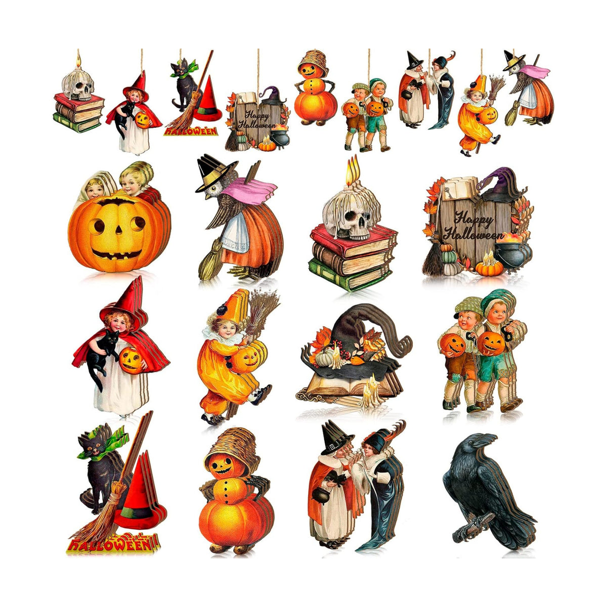 Geelin 24 Pcs Halloween Wooden Cutouts Vintage Halloween Ornaments for Tree