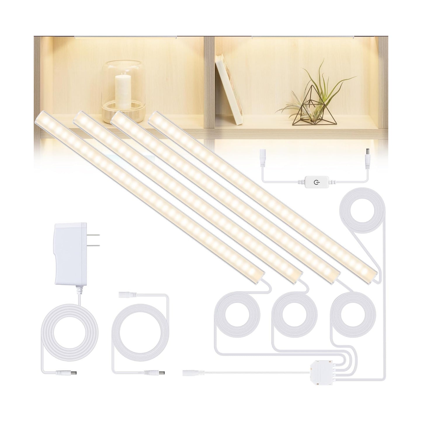 JUSJUBR Natural White 4 Pack Dimmable Shelf Lighting with Memory Function, 12 inch 4000K Bookshelf Lighting, LED Lights