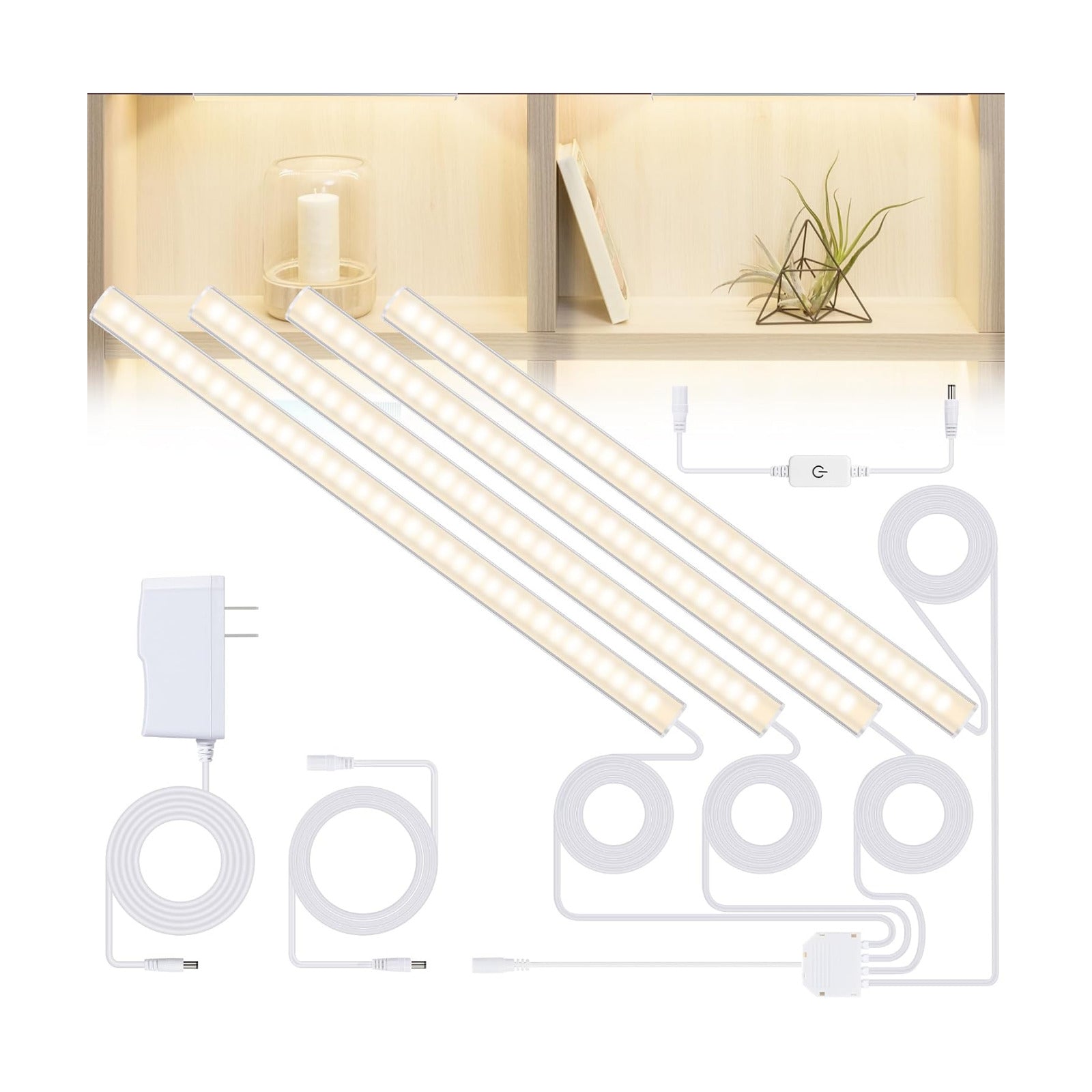JUSJUBR Natural White 4 Pack Dimmable Shelf Lighting with Memory Function, 12 inch 4000K Bookshelf Lighting, LED Lights