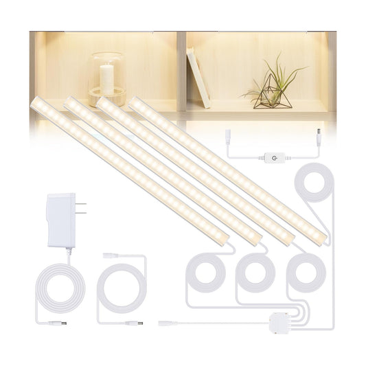 JUSJUBR Natural White 4 Pack Dimmable Shelf Lighting with Memory Function, 12 inch 4000K Bookshelf Lighting, LED Lights