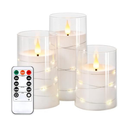 NURADA Flickering Flameless Candles: Built-in Star String Lights Acrylic 3D Wick Battery Operated LED Pillar Candles with Remote and Timer for Romantic Mood Home Decoration - 3 Pack Pure White