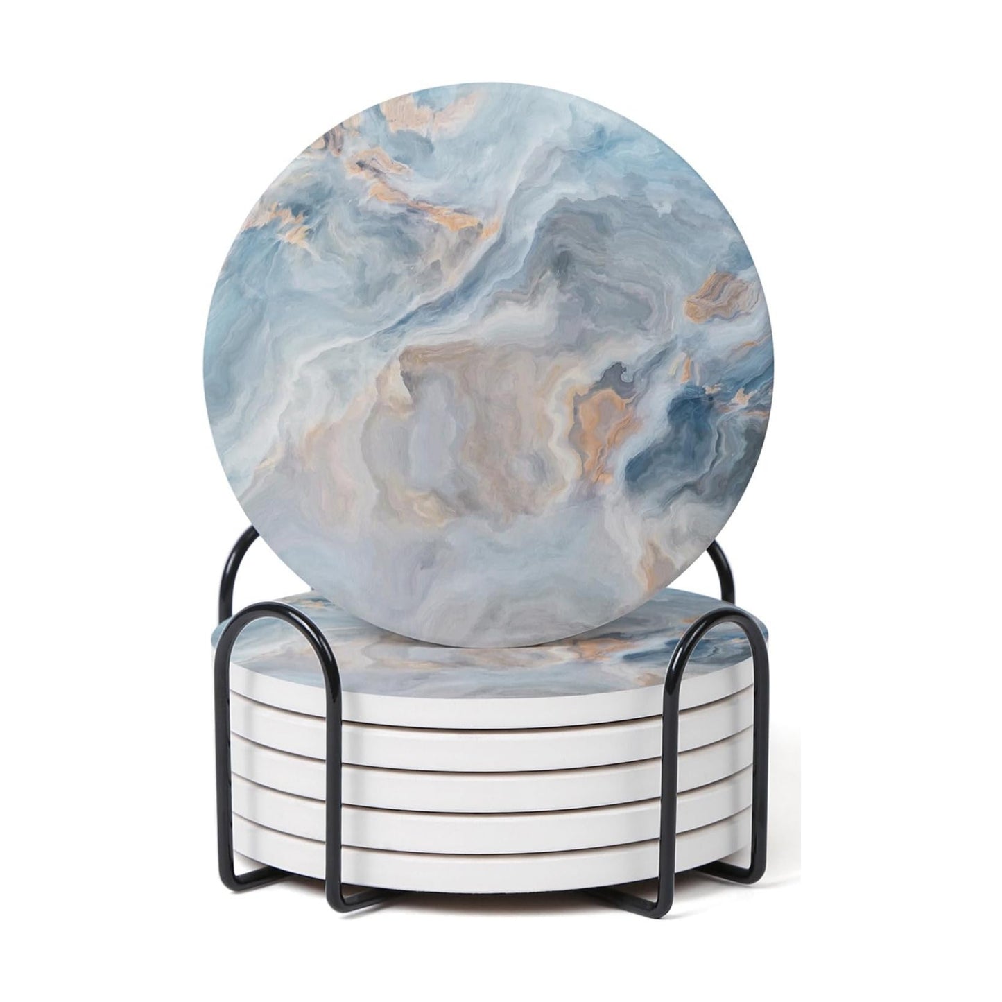 Holder / Absorbent Ceramic Coasters for Drinks / Abstract Blue Marble / Set of 6