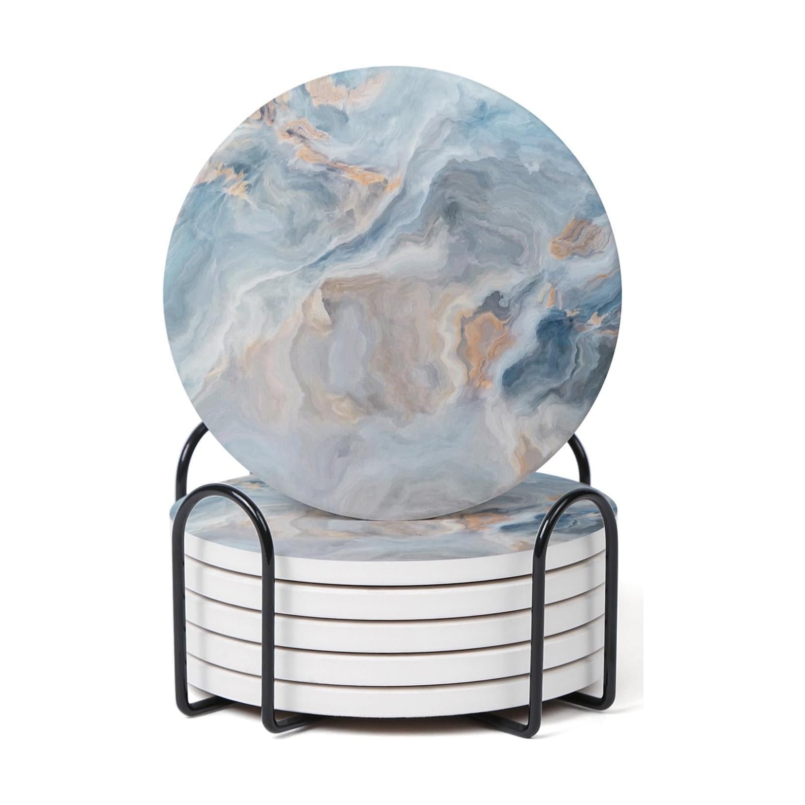 Holder / Absorbent Ceramic Coasters for Drinks / Abstract Blue Marble / Set of 6