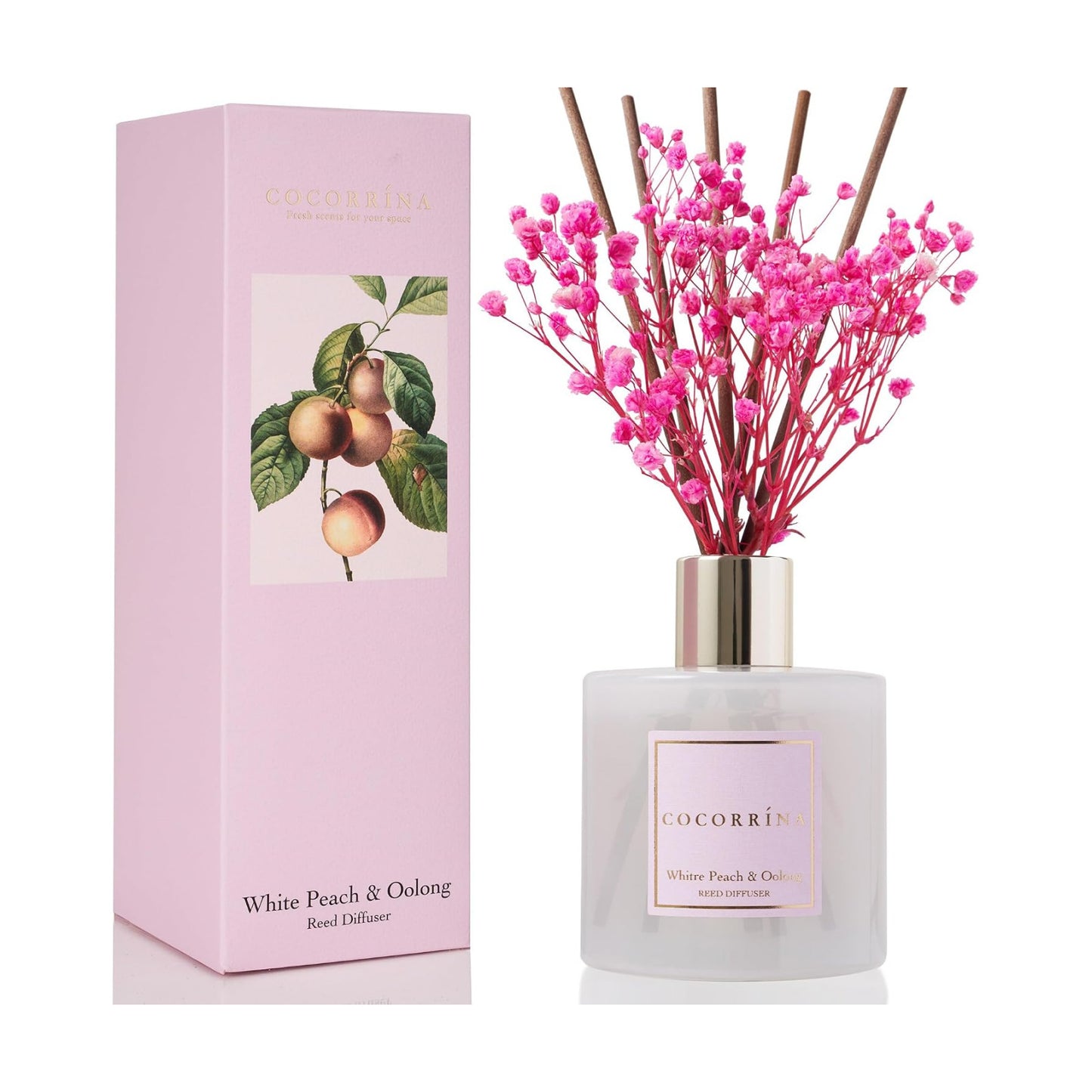 Cocorrína Reed Diffuser Sets - 6.7 oz. White Peach& Oolong Scented Diffuser with 8 Sticks Home Fragrance Reed Diffuser