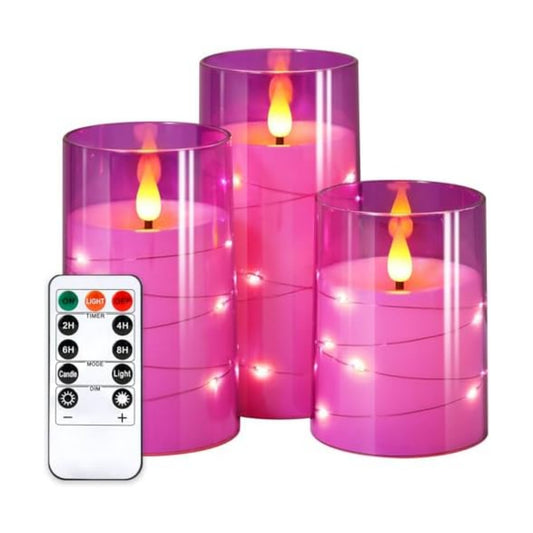 NURADA Flickering Flameless Candles: Built-in Star String Lights 3D Wick Acrylic Battery Operated LED Pillar Candles with Remote and Timer for Table Wedding Centerpieces Party 3 Pack Purple
