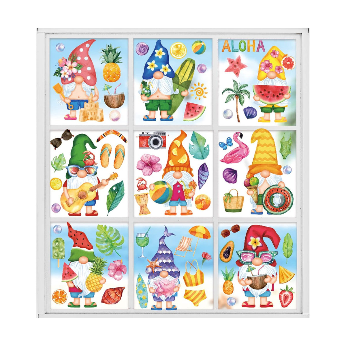 Whaline Summer Window Clings Gnomes Beach Hawaii Window Decals Tropical Fruits PVC Clings Stickers for Summer Home Room Classroom Decor Party Supplies, 9 Sheets