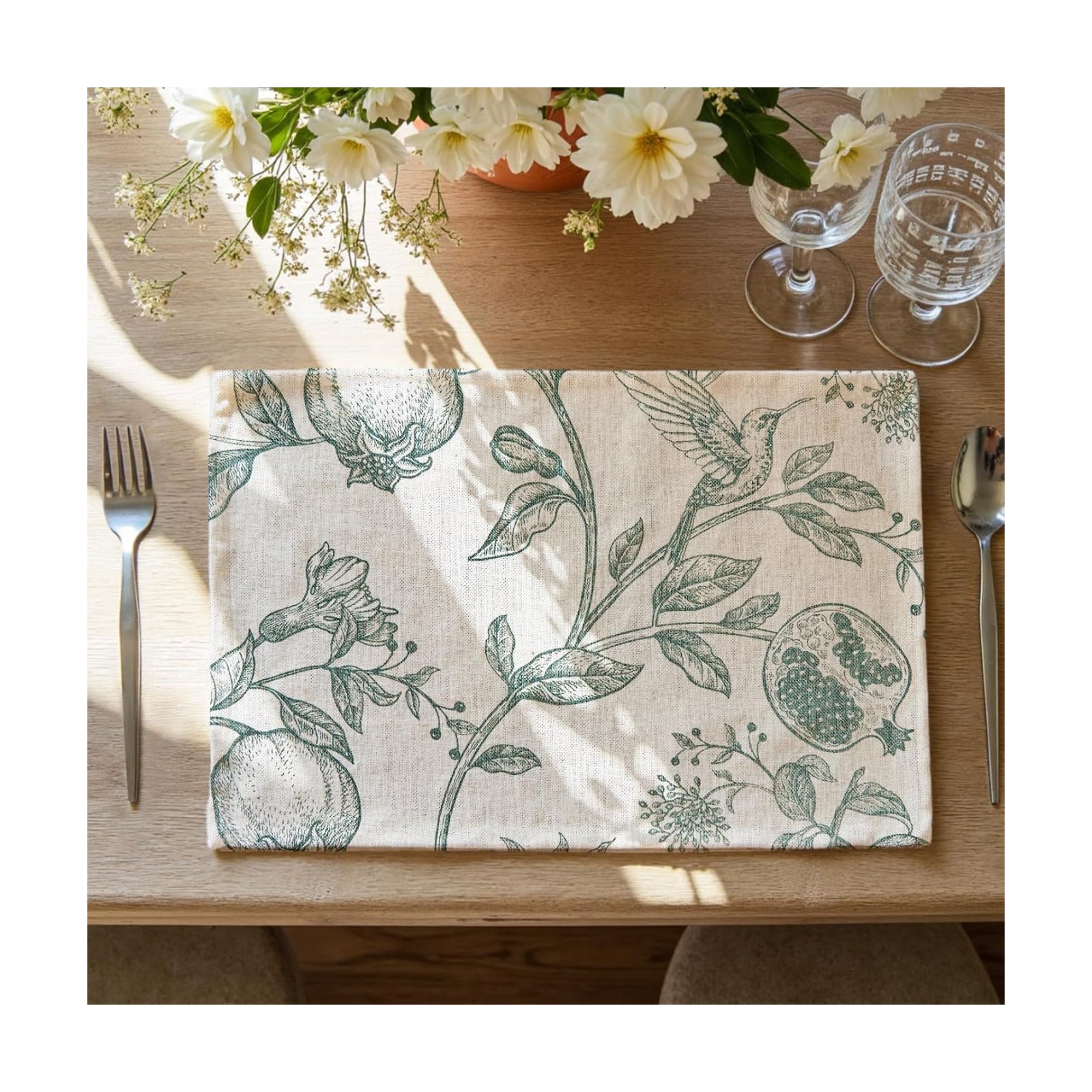 JINCHAN Linen Placemats Set of 4 Farmhouse Botanical Print 13x19 Dark Green | Fabric Placemats, Cottage Style