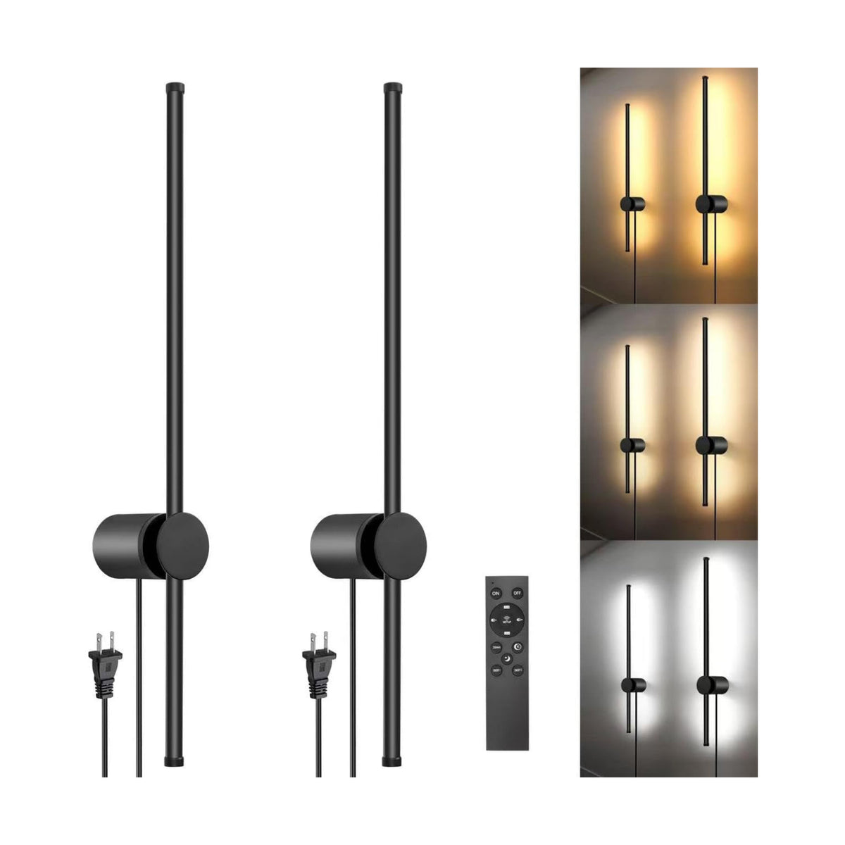 GOODATE Wall Sconces Set of Two with Remote, Stepless Colors 3000K-6500K & Stepless Dimming, Hardwire or Plug-in, 180°