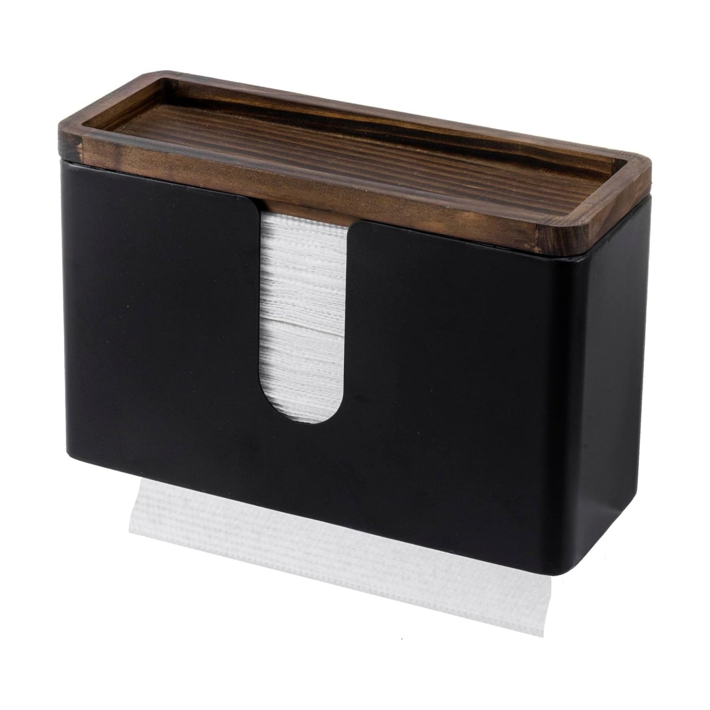MyGift Matte Black Metal Wall Mounted Paper Towel Holder Trifold Z Fold | Rustic Burnt Wood Top Shelf Adds Storage for