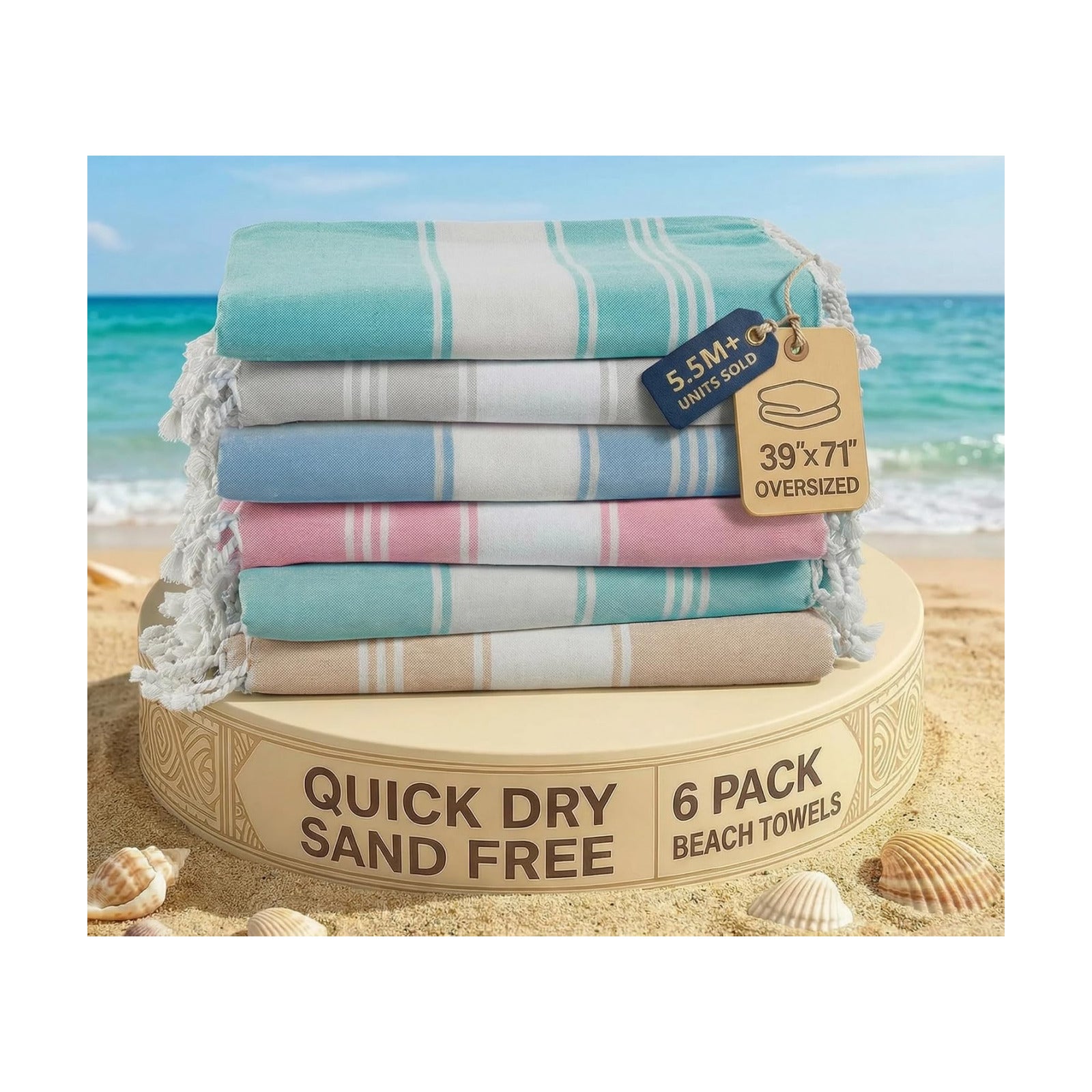 LANE LINEN Turkish Beach Towels for Women, 6 Pcs, Sand Free - Vintage Beach | Large 39"x71", Pre-Washed - No-Shrink