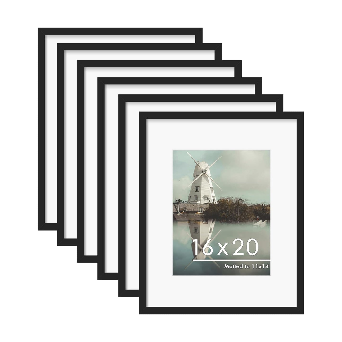 16x20 Picture Frame Set of 6, Wall Mounting Display, Black | Display 11x14 with Mat or 16x20 Without Mat, Horizontal or