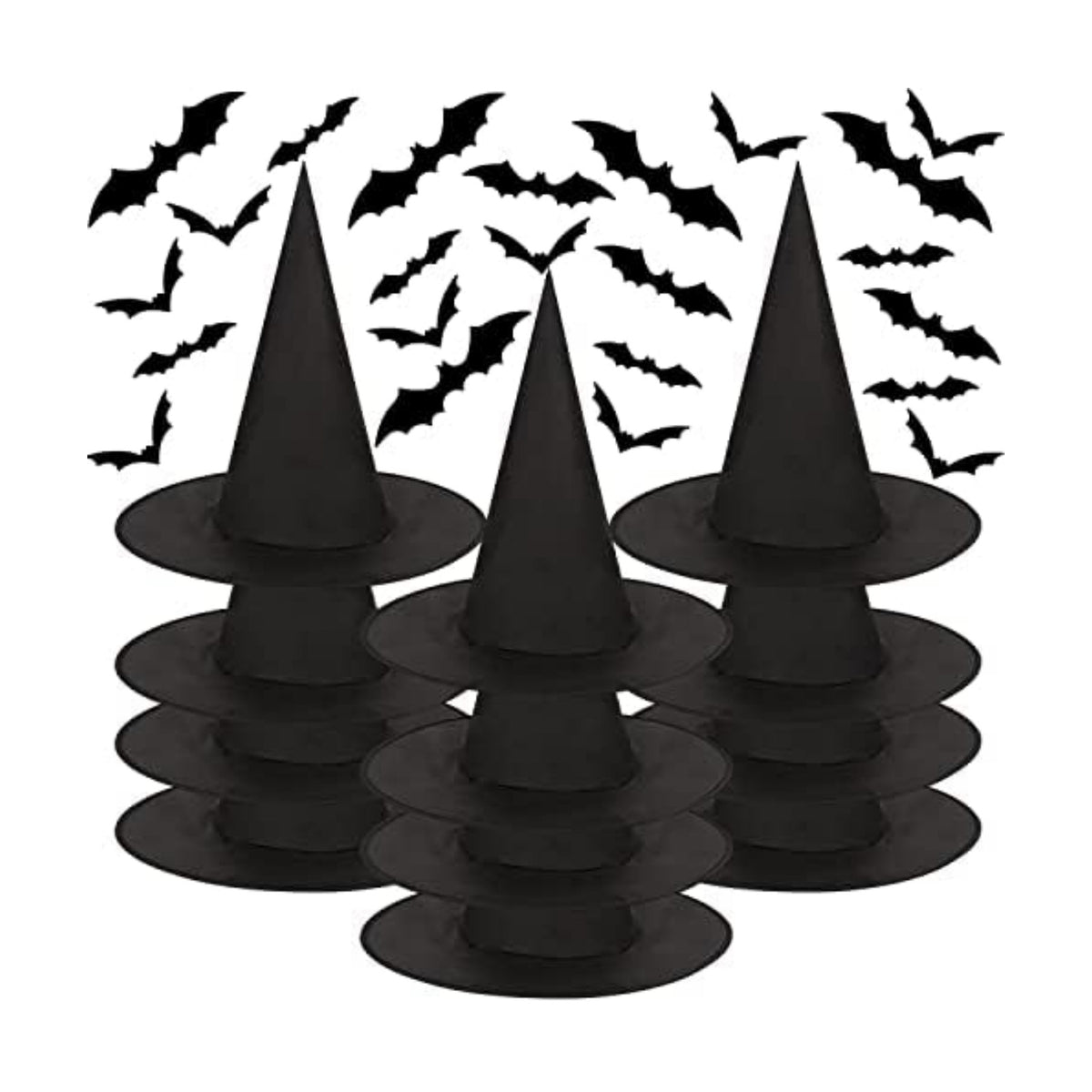 CCINEE 12 Pcs Halloween Decoration Witch Hats, Bulk Hanging Witch Costume Caps Accessories with 120 Pcs Bat Wall Stickers for Halloween Themed Party Yard Decoration