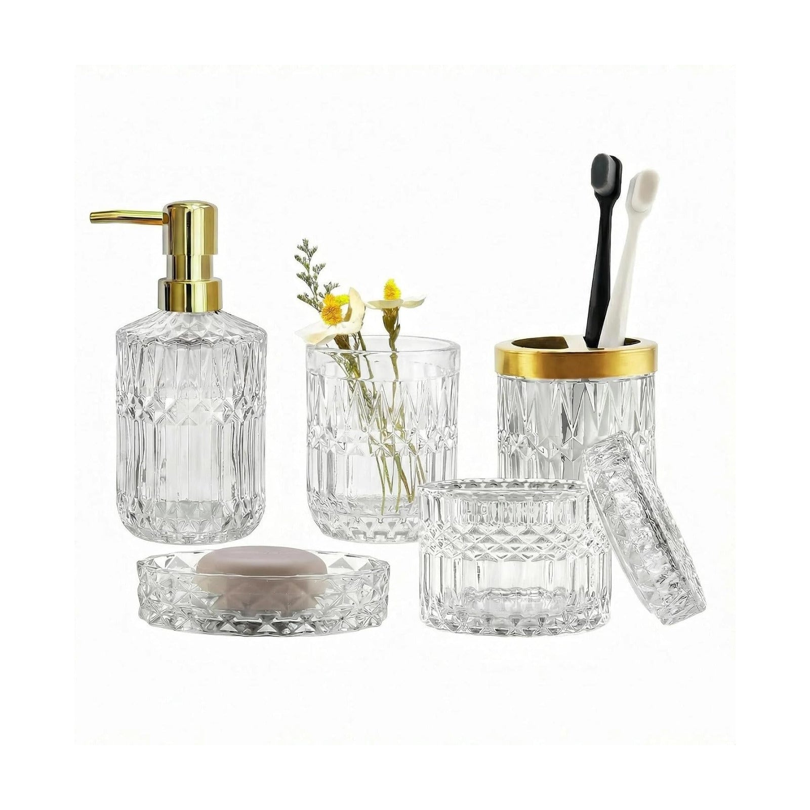 LaMarriti Clear Bathroom Accessories Set, 5pcs Crystal Glass Bathroom Set | Soap Dispenser, Toothbrush Holder Set, Soap