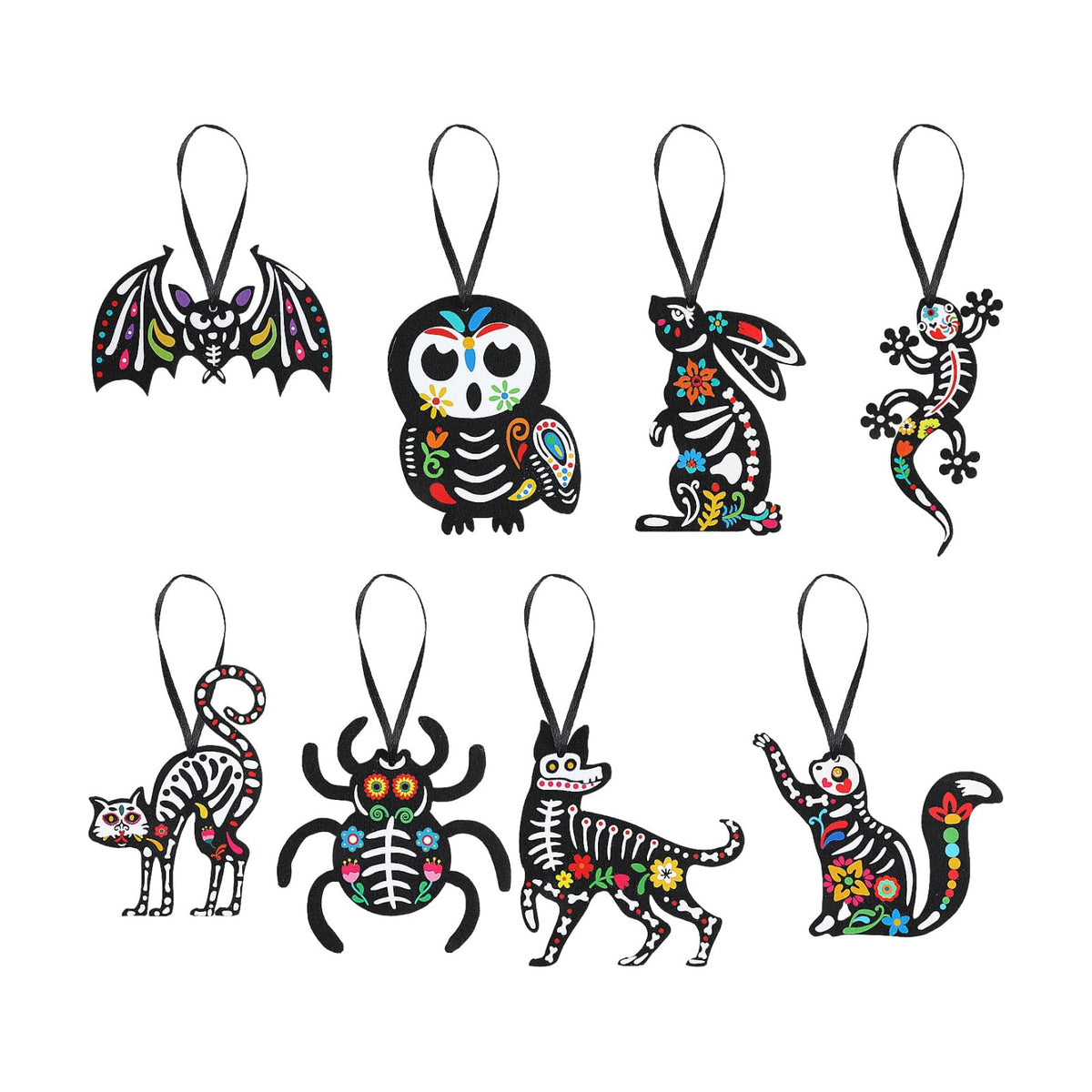 CCINEE 24Pcs Dia De Los Muertos Felt Ornaments, Mexcian Skeleton Halloween Ornaments for Day of The Dead Themed Party School Bags Indoor Outoor Tree Hanging Decorations