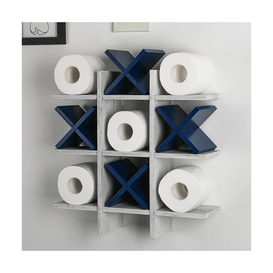 Weysat Tic Tac Toe Toilet Paper Holder,Retro White, Blue | Farmhouse Bathroom Decor, Freestanding or Wall Mount Storage