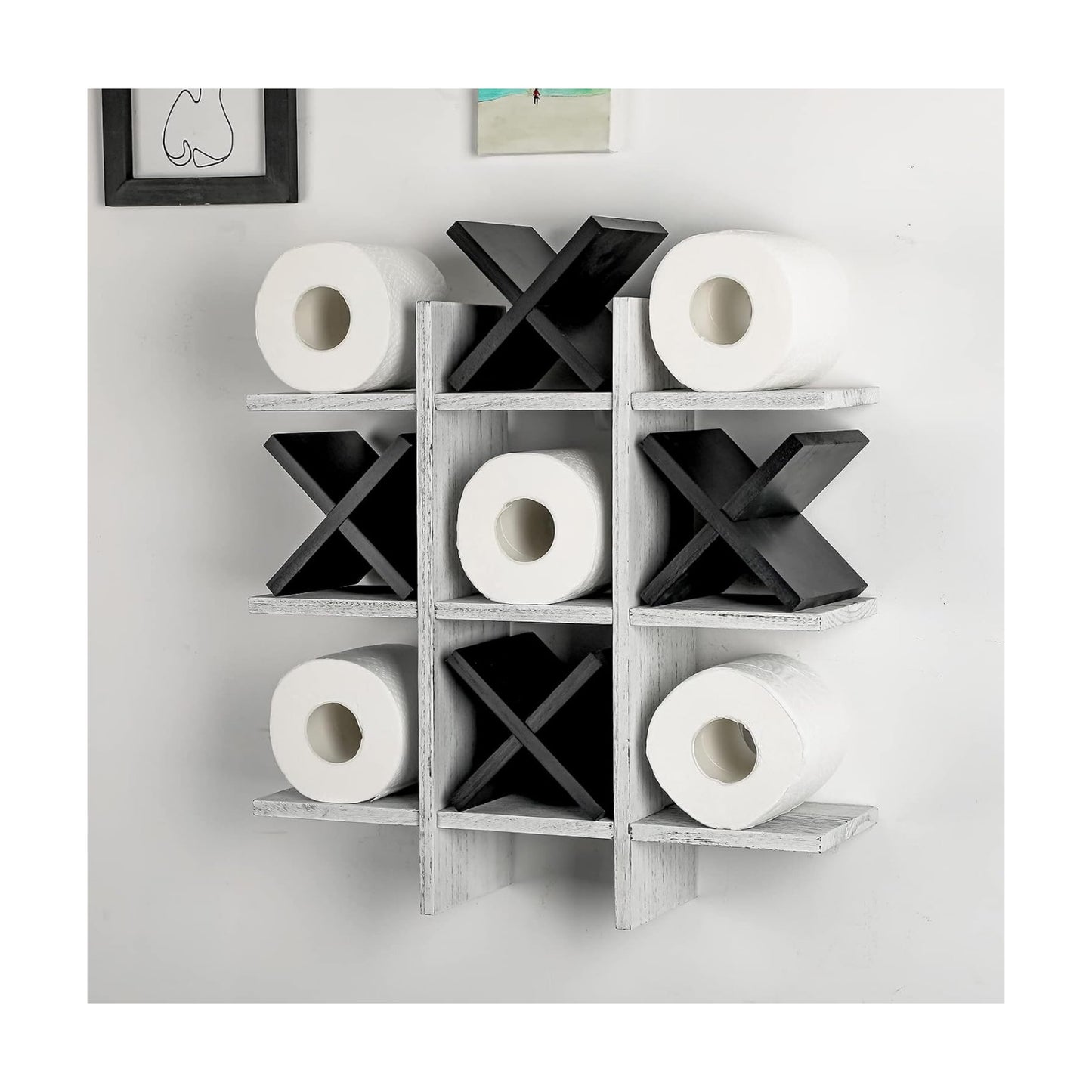 Weysat Tic Tac Toe Toilet Paper Holder,Retro White, Black | Farmhouse Bathroom Decor, Freestanding or Wall Mount
