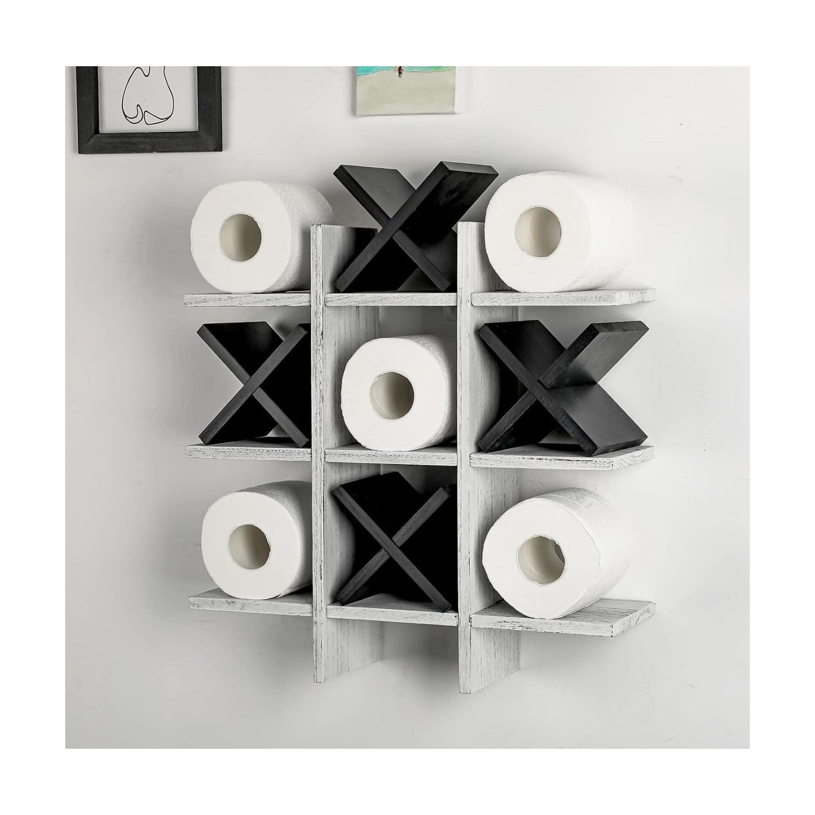 Weysat Tic Tac Toe Toilet Paper Holder,Retro White, Black | Farmhouse Bathroom Decor, Freestanding or Wall Mount