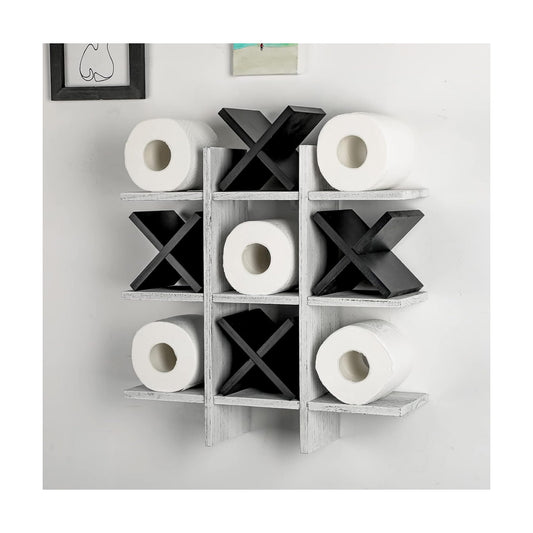 Weysat Tic Tac Toe Toilet Paper Holder,Retro White, Black | Farmhouse Bathroom Decor, Freestanding or Wall Mount