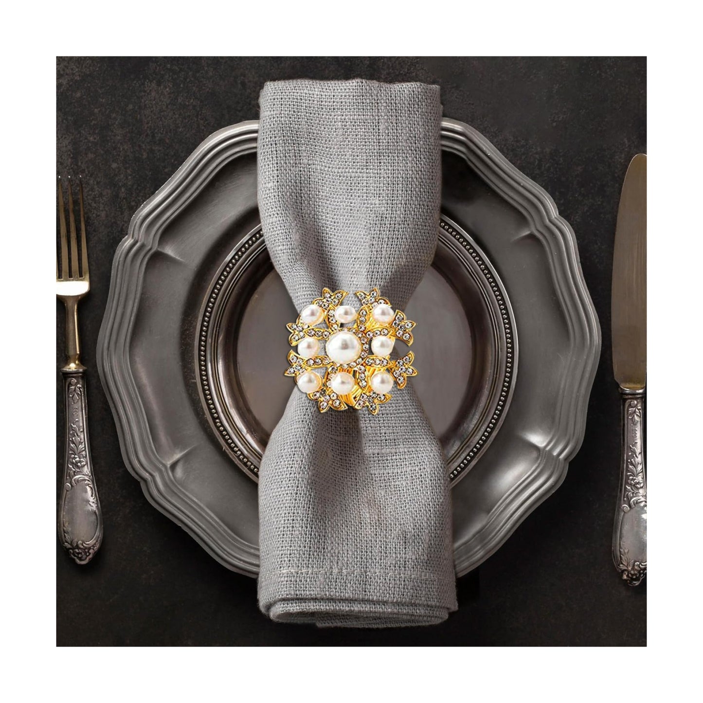Set of 12 Gold Napkin Rings with Pearl Design, Festive, Table Decor Setting for Holiday, Wedding, Birthday, Kitchen