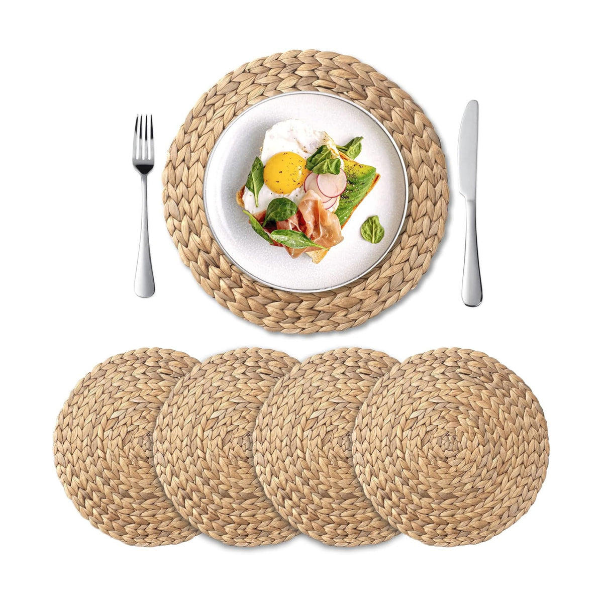 Round Woven Placemats Set of 4, Natural Water Hyacinth Place Mats, Boho Wicker Placemats, Table Mats for Dining Table (13.8 inch) by YANGQIHOME
