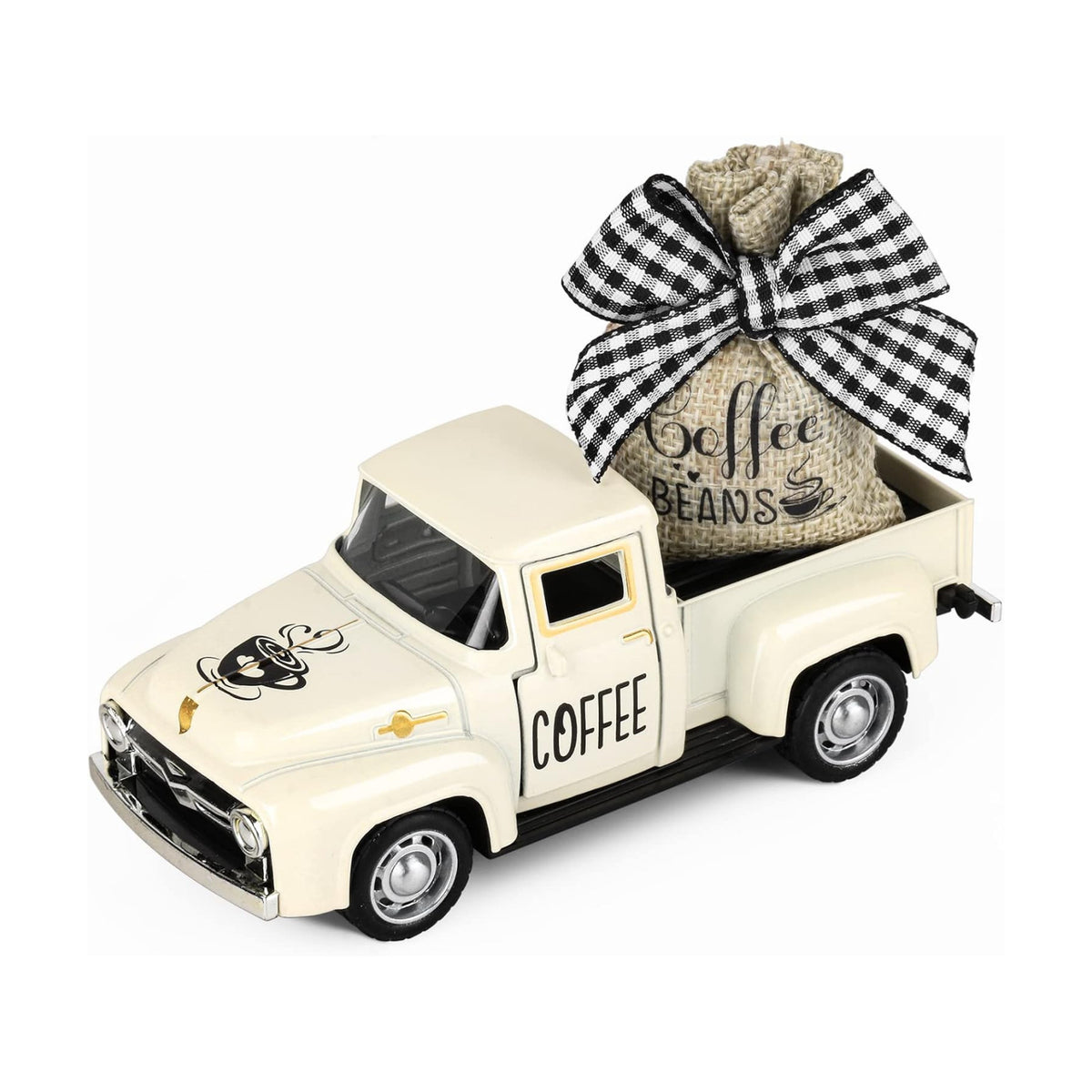 Hooqict Coffee Bar Decor Mini Metal White Truck with Beans Burlap Sack for Home Farmhouse Kitchen Tiered Tray Decor Coffee Bar Accessories Coffee Station Decorations