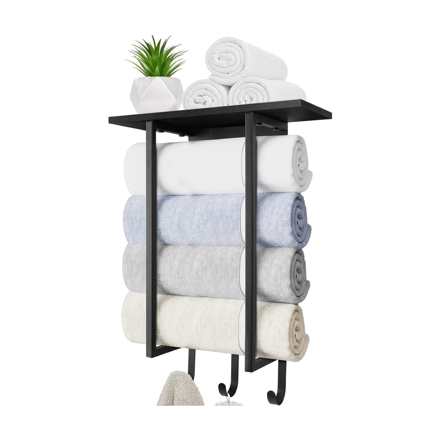 ELITEROO Towel Holder for Bathroom Wall, Wooden Towel Rack Shelf | Hanging Towel Organizer with 3 Hooks for Small