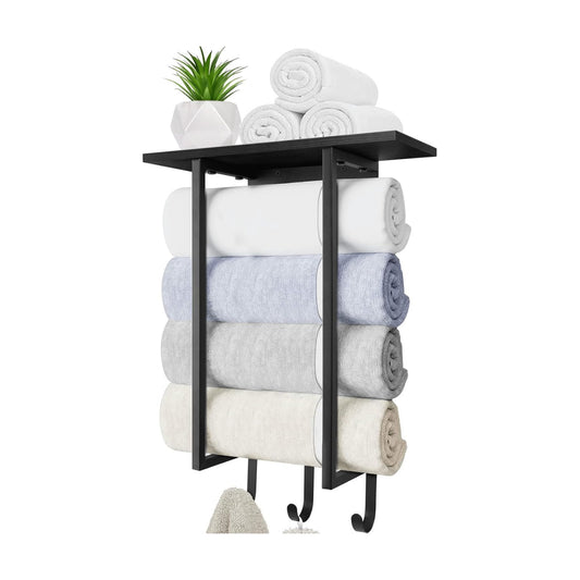 ELITEROO Towel Holder for Bathroom Wall, Wooden Towel Rack Shelf | Hanging Towel Organizer with 3 Hooks for Small
