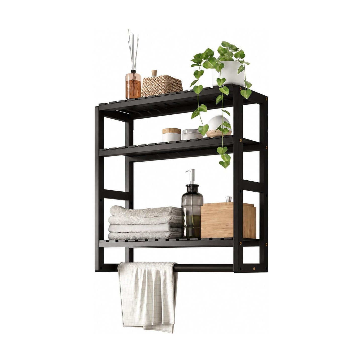Galood Over The Toilet Storage Bathroom Shelves Wall Mounted 3 Tier Black-L | Space Saver Corner Shelf Organizer Bamboo