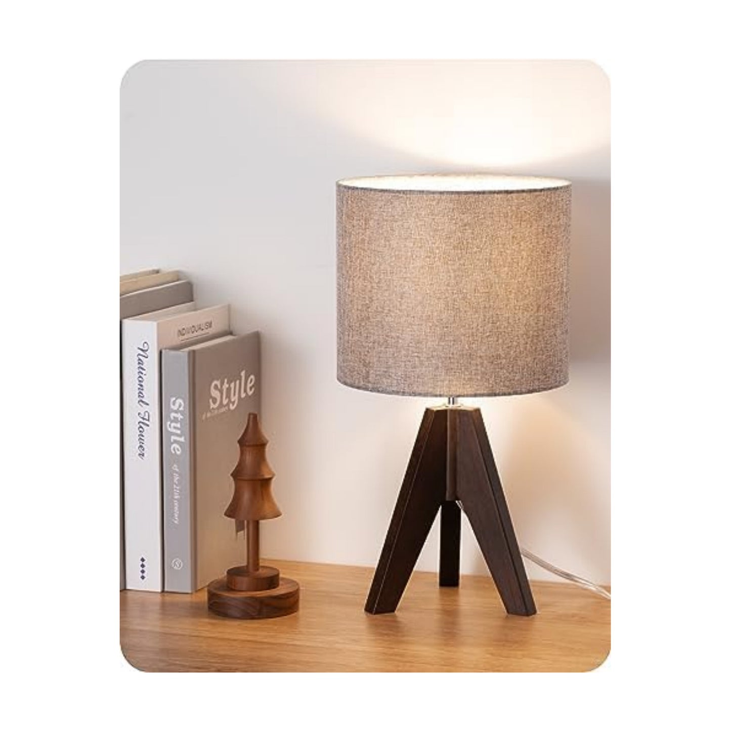 EDISHINE Boho Small Table Lamp, Wood Lamp, Grey Linen Lampshade,14.2 Inch