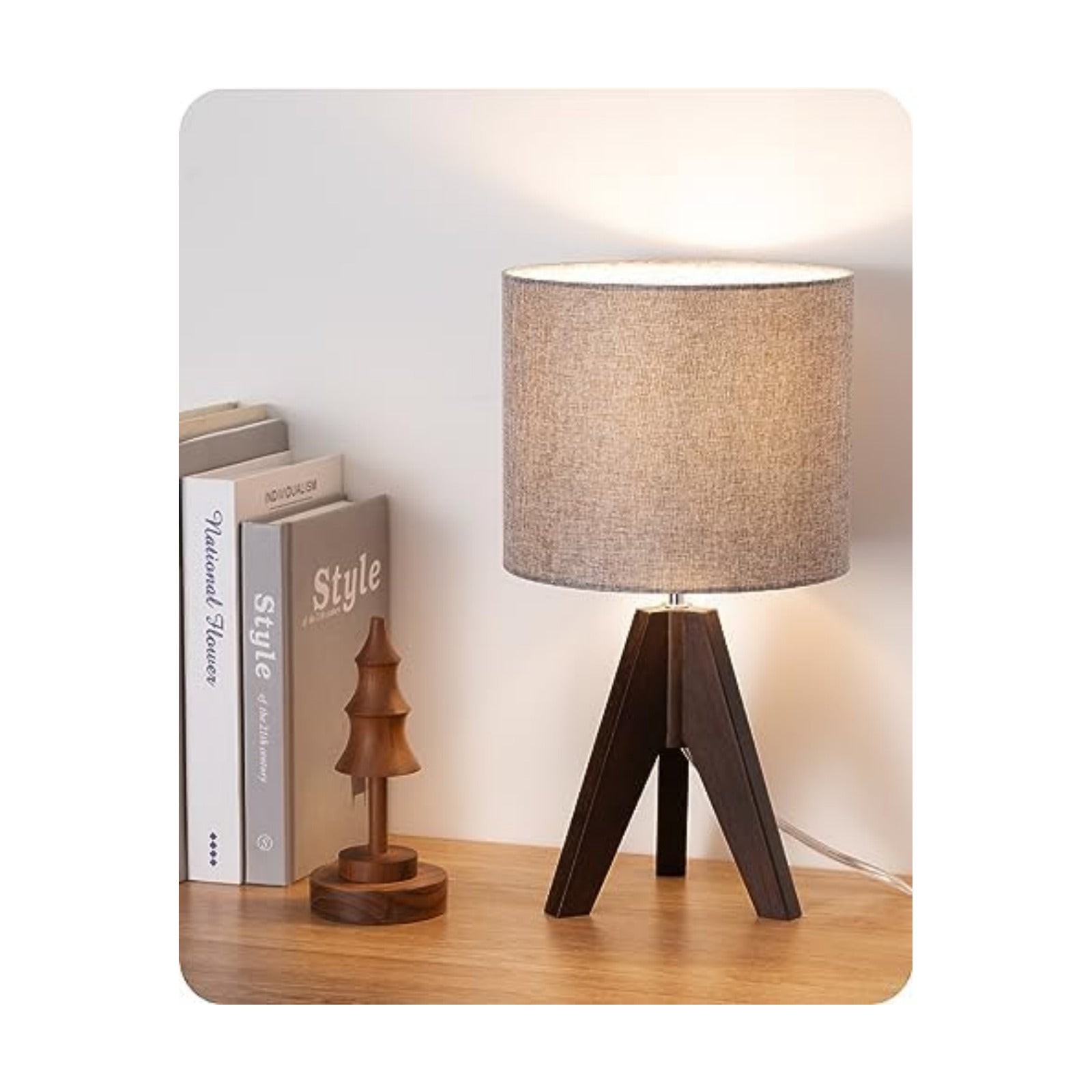 EDISHINE Boho Small Table Lamp, Wood Lamp, Grey Linen Lampshade,14.2 Inch