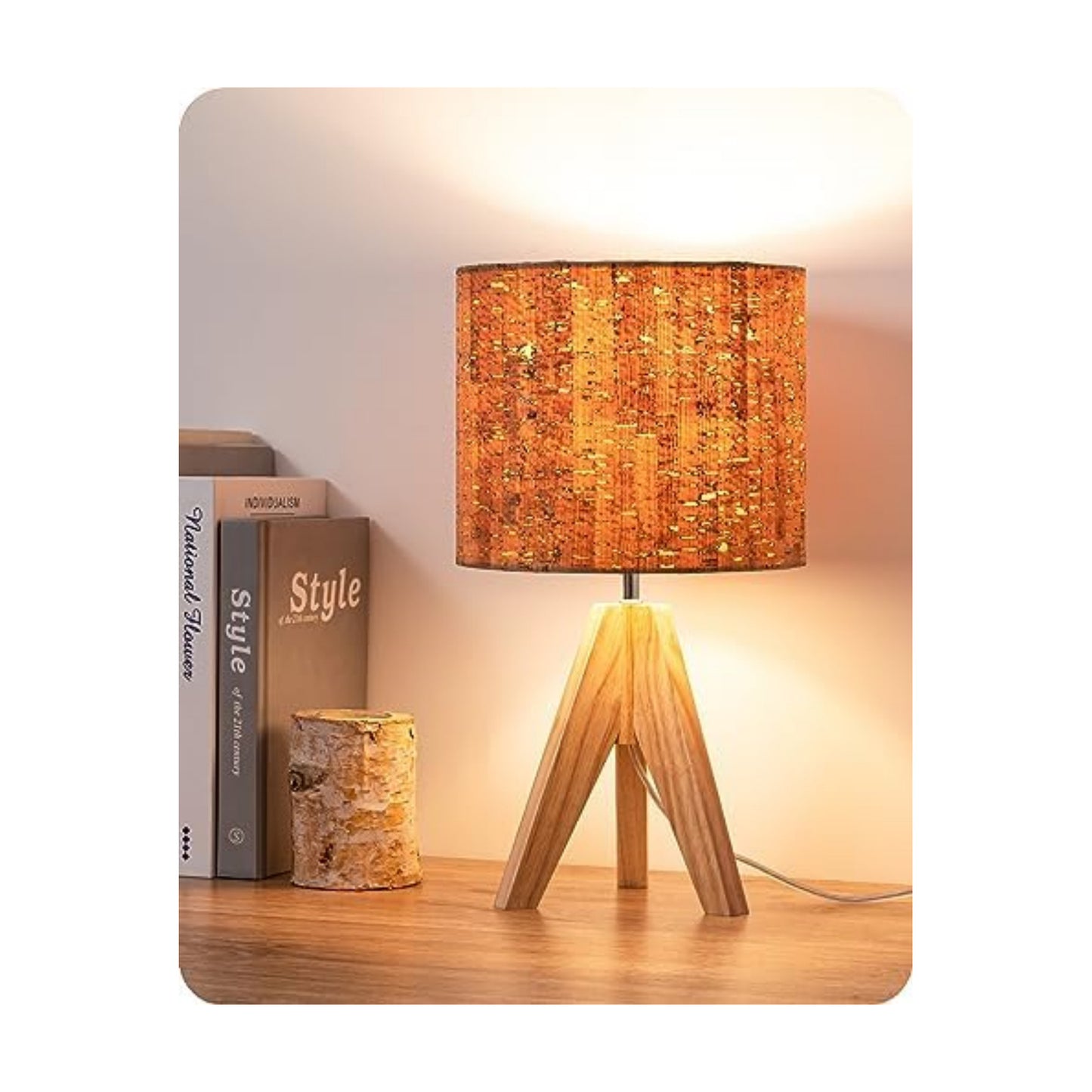 EDISHINE Small Table Lamp, Wood Tripod Nightstand Lamp, Bark Linen Shade