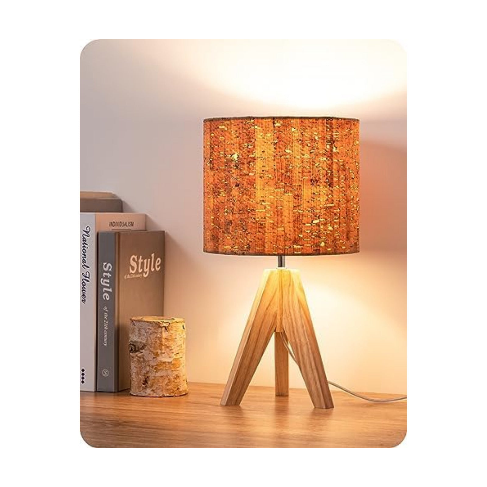 EDISHINE Small Table Lamp, Wood Tripod Nightstand Lamp, Bark Linen Shade