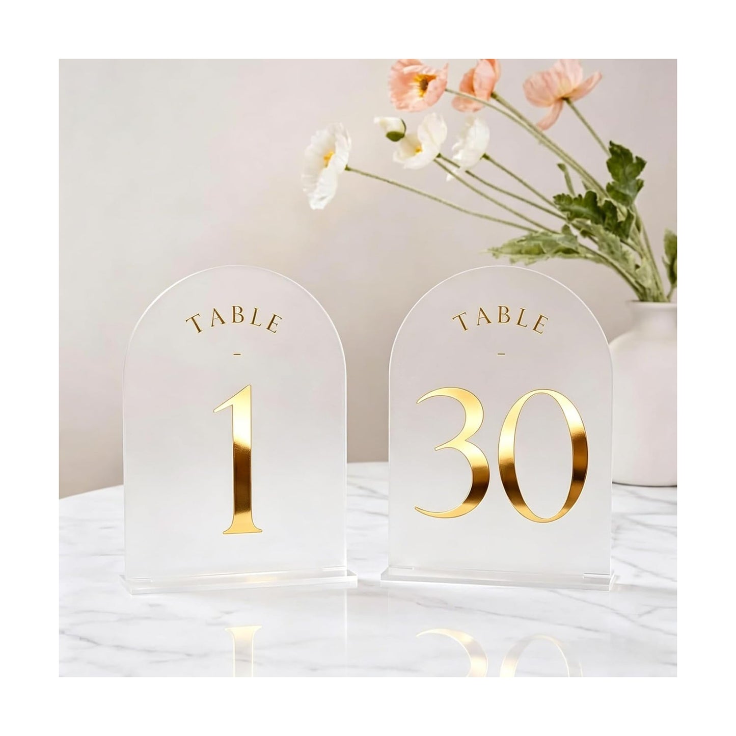 UNIQOOO Frosted Arch Wedding Table Numbers with Stands 1-30, Gold Foil Printed 5x7 Acrylic Display Signs and Holders