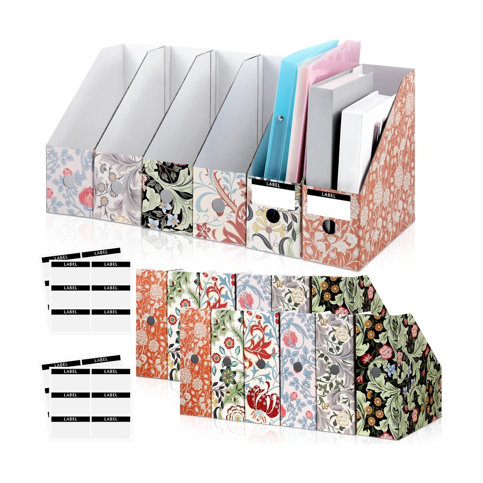 PerKoop 12 Pcs Decorative Magazine File Holders Floral Foldable File Folders Magazine Storage Boxes Rack Desk Organizer