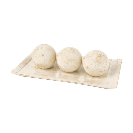 Rustic Luxe Decorative Tray and Orb Set / Distressed White