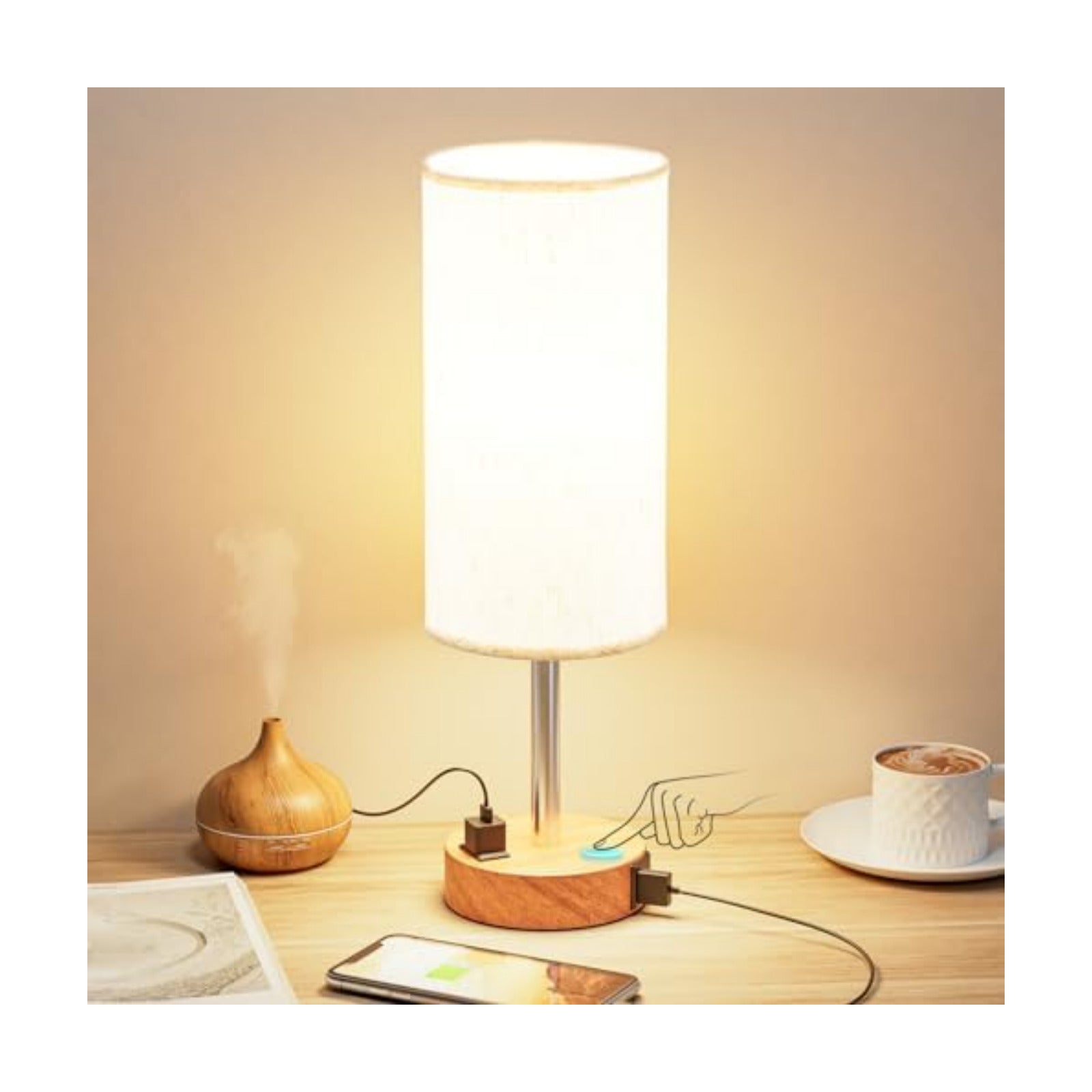 Fenmzee Bedside Table Lamp for Bedroom - Dimmable Touch, USB A+C, AC Outlet