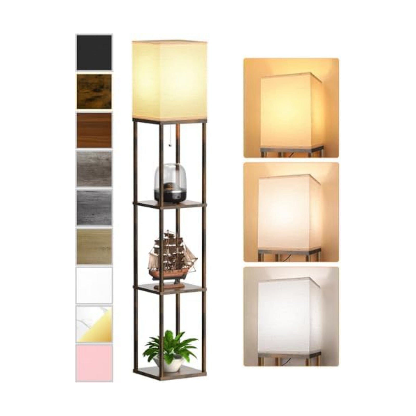 Floor Lamp with Shelves for Living Room Brown, Shelf Floor Lamp with 3 CCT LED Bulb, Corner Display Standing Column