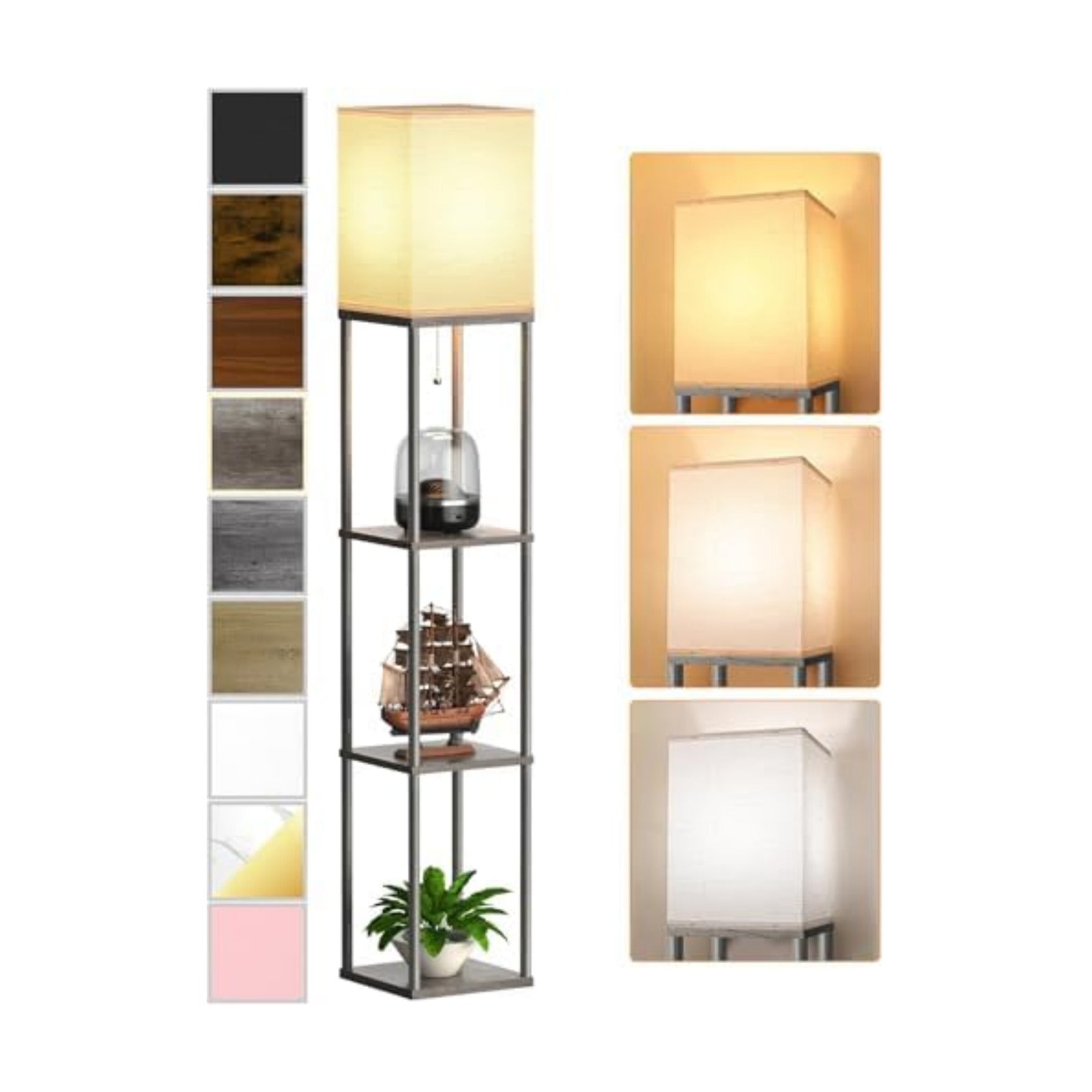 Floor Lamp with Shelves for Living Room Oak Gray, Shelf Floor Lamp with 3 CCT LED Bulb, Corner Display Standing Column
