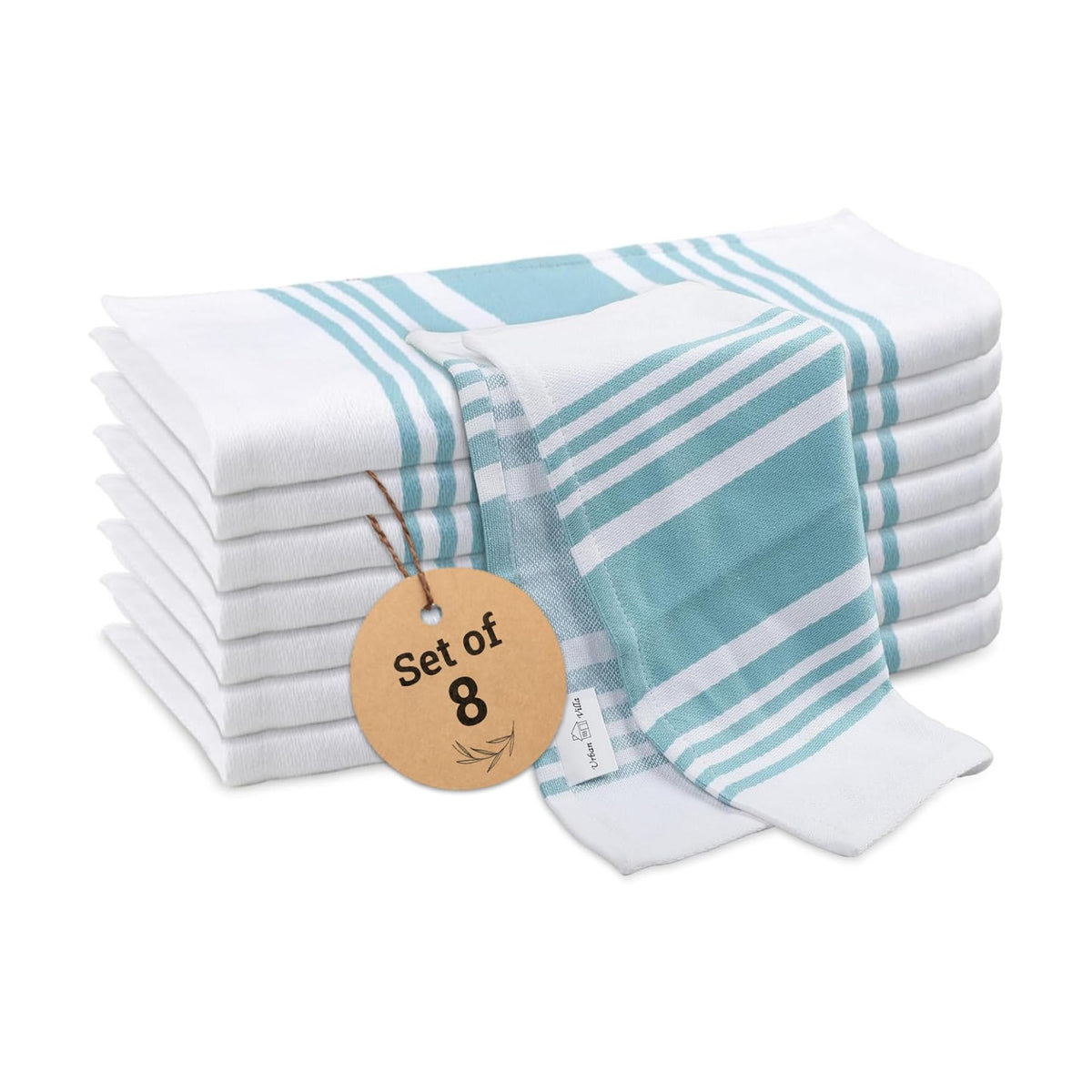Urban Villa Cotton Dish Cloth Set of 8, Highly Absorbent Super Soft Quick Drying 12x12 Inch Dish Cloths for Kitchen Cleaning & Drying Dishes Mitered Corner Trendy Stripes Kitchen Towels - Aqua/White