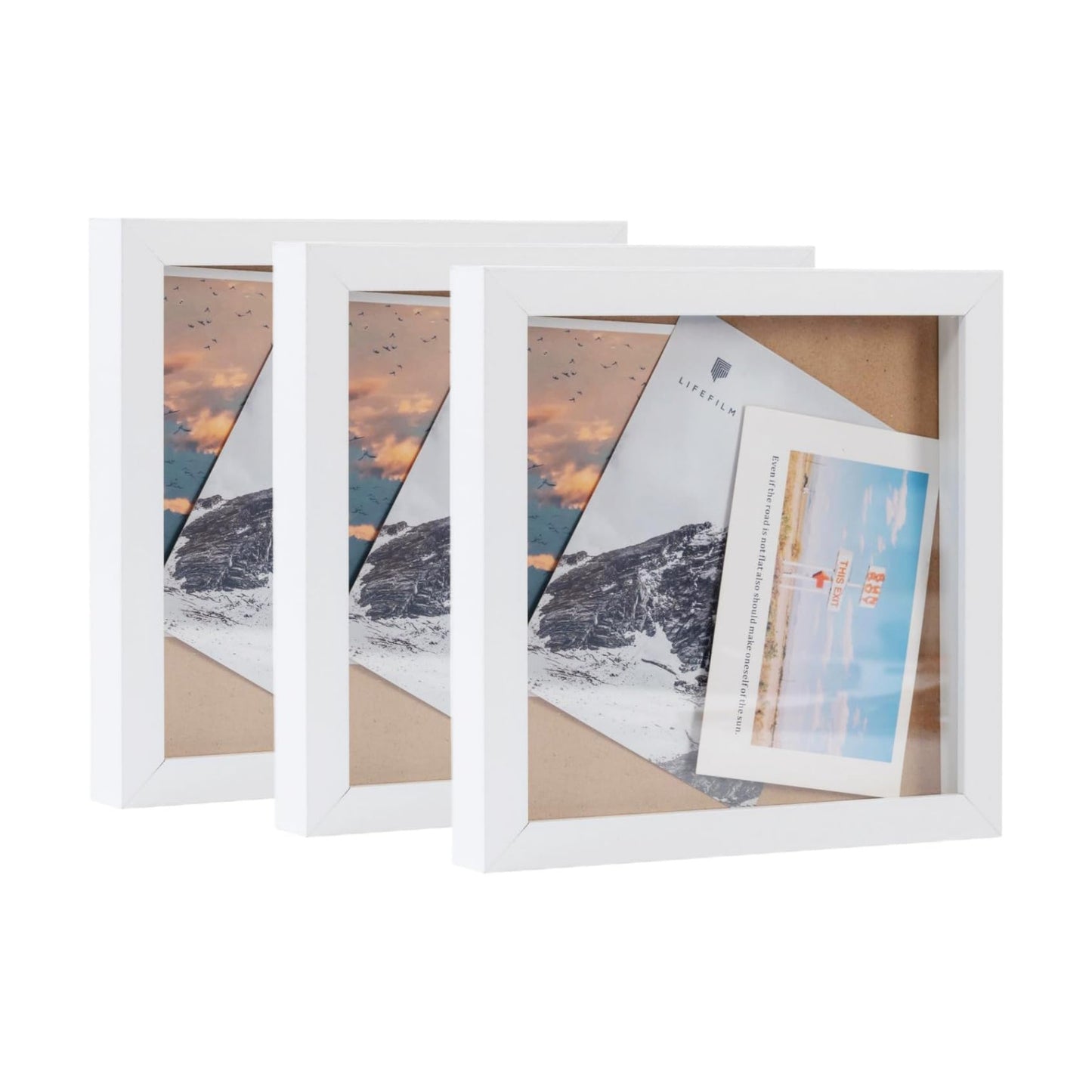 Muzilife 8x8 Shadow Box 3D Picture Frames, Wood, Real Glass, White, 3 Pack | FSC-Certified MDF | With Stand | Tabletop