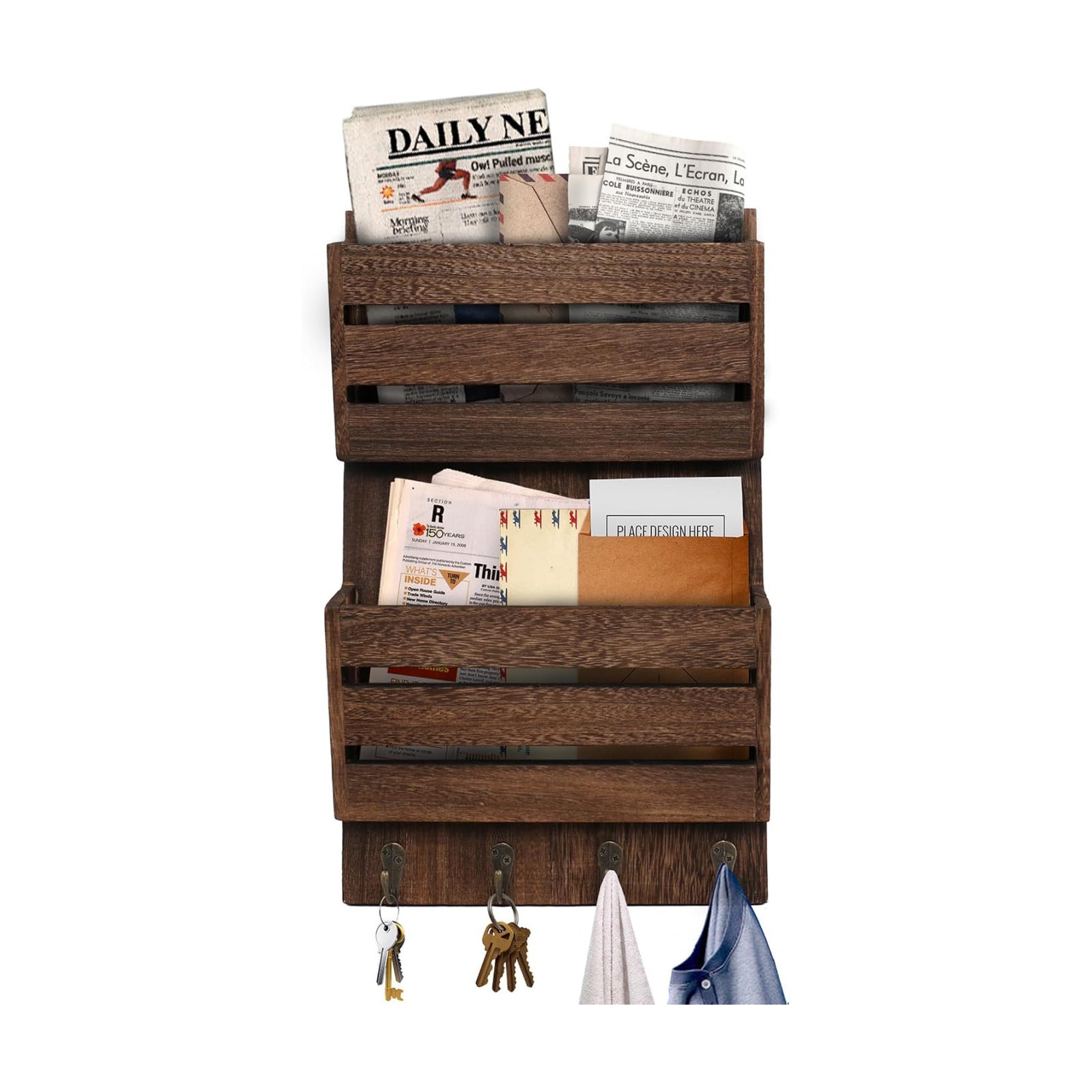 Rustic Wooden Hanging Mail Sorter Farmhouse Key Holder / Brown